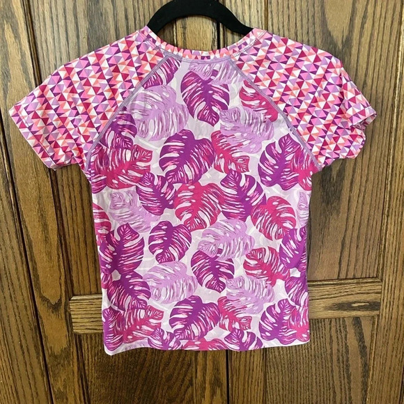 Athleta | Girls Splash Rash Guard Shirt in Pink Tropical Palm Leaf Geo | Large - Picture 4 of 4